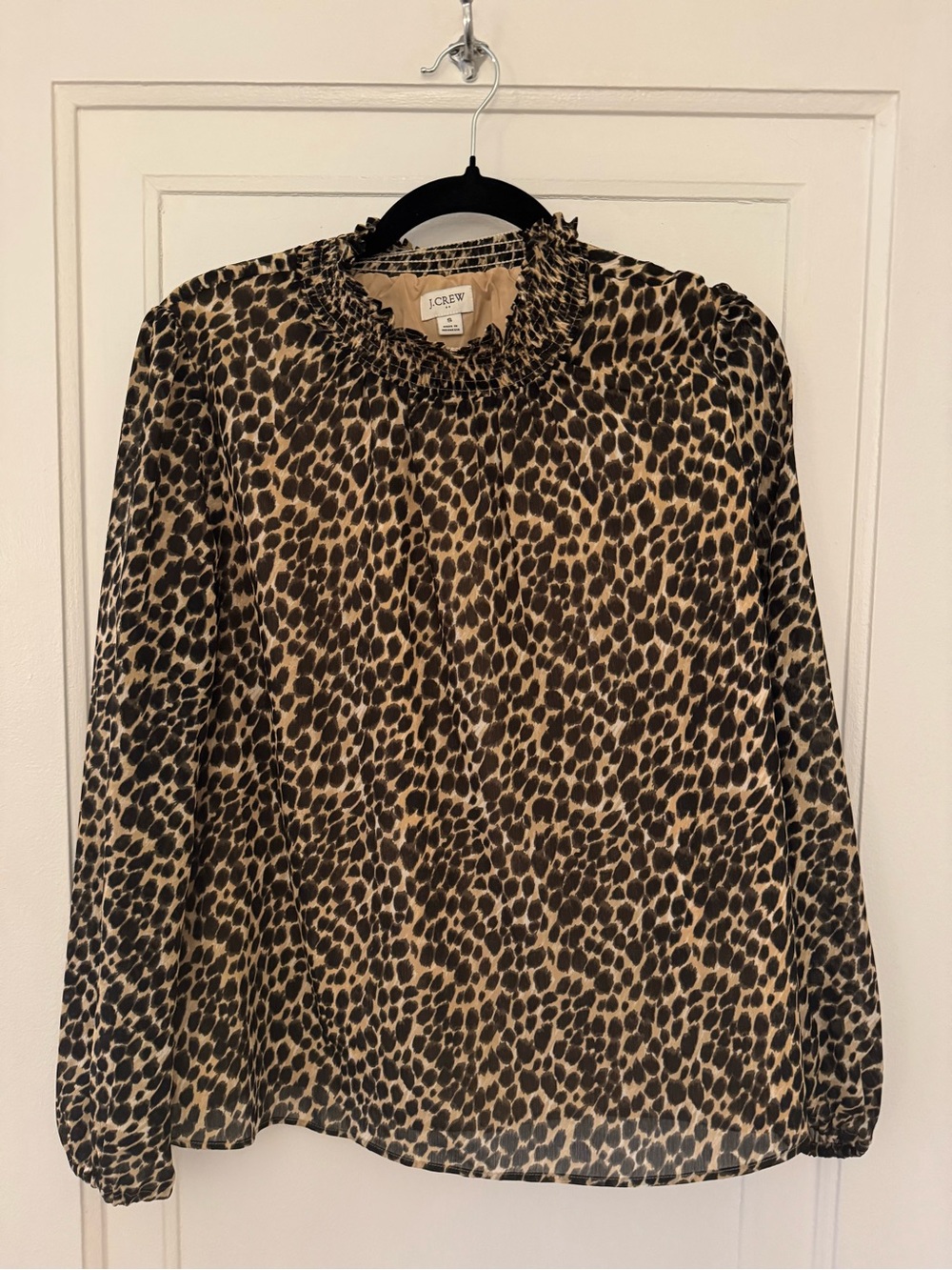 J. Crew Leopard Print Ruffle Neck Blouse - Tan & Black